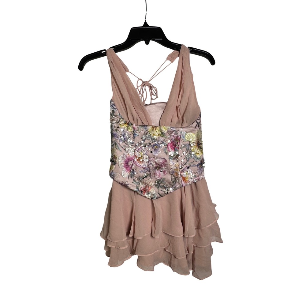 Oh Polly Blush Pink Floral Embroidered Sequin Corset Tiered Mini Dress US 2NWT - Picture 5 of 11